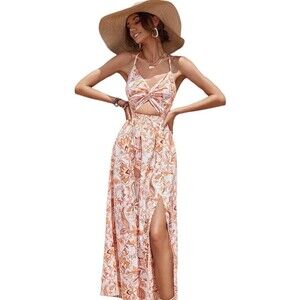 Women's Twist Front Backless Tie Back V Neck Floral Cami Maxi Dress Size M